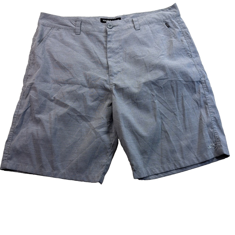 O'Neill Mens Sz 38 Casual Flat Front Gray STRIPED Shorts Cotton Blend EUC!